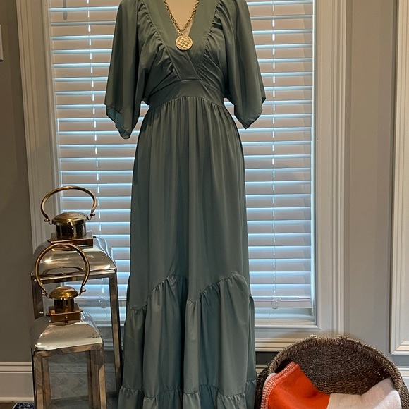 Maxi dress casual mid sleeves pleated ruffle BoHo dress - Picture 8 of 16